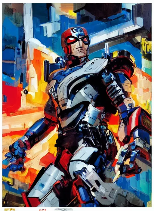 Image similar to marvel mcu falcon, wearing futuristic cybernetic battle armor, by ashley wood, yoji shinkawa, jamie hewlett, 6 0's french movie poster, french impressionism, vivid colors, palette knife and brush strokes, dutch angle