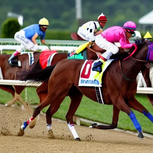 Prompt: racehorse cheating in the kentucky derby by attaching rocket boosters to its sides, speed, motion