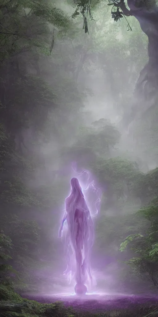 Prompt: a small transluscent light purple ghost, surrounded by a green forrest, moody , lovecraft, giger, ridley scott, zack snyder, Fenghua Zhong, realistic cinematic lighting, establishing action shot, ultra detailed, hyper realism, photo, octane render