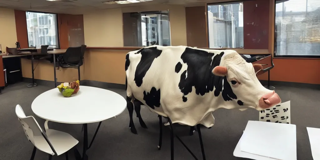 Prompt: a cow wearing a suit in an office having lunch