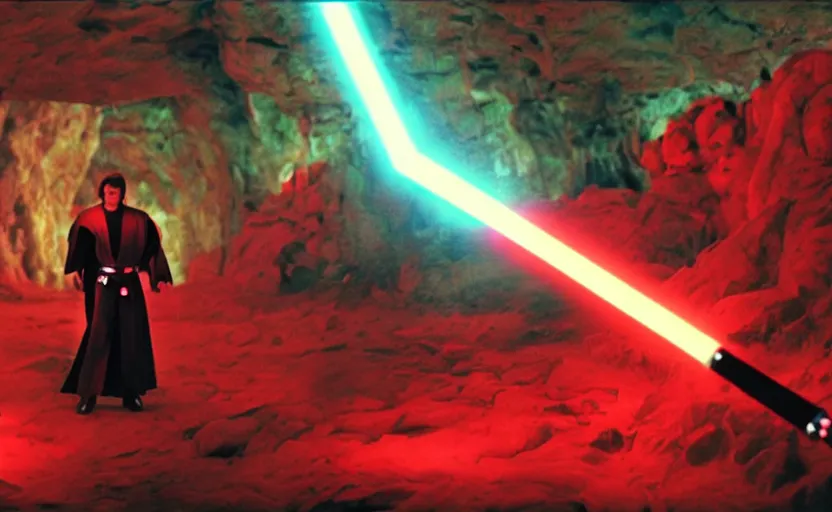 Prompt: screenshot of a crystal cave red gemstones, jedi master Luke Skywalker stands in the center of the red cave with his blue lightsaber, iconic scene from the 1970s thriller film directed by Stanely Kubrick film, color kodak, ektochrome, anamorphic lenses, detailed faces, moody cinematography