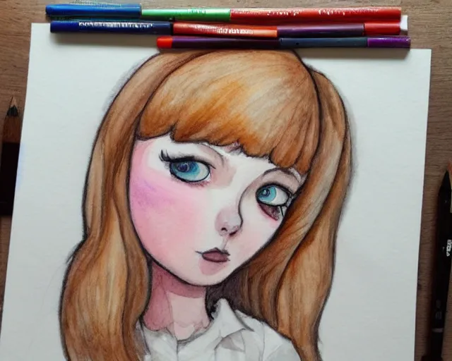 Image similar to a girl with the ice cream watercolor colored pencil painting trending on artstation