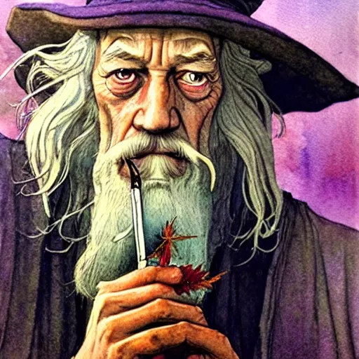 Prompt: a realistic and atmospheric watercolour fantasy character concept art portrait of gandalf with red eyes smoking a huge blunt looking at the camera with a marijuana leaf nearby by rebecca guay, michael kaluta, charles vess and jean moebius giraud