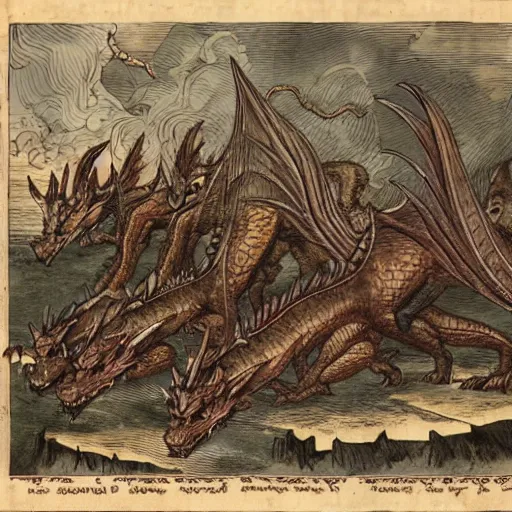 Prompt: a group of dragons celebrate the defeat of their enemies