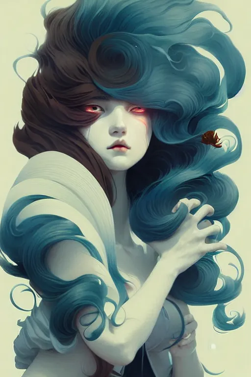 Image similar to beautiful artistic - wave highly detailed portrait female, with kitsune mask, long red hair, by atey ghailan, by greg rutkowski, by greg tocchini, by james gilleard, by joe fenton, by kaethe butcher, dynamic lighting, gradient light blue, brown, blonde cream and white color scheme, grunge aesthetic