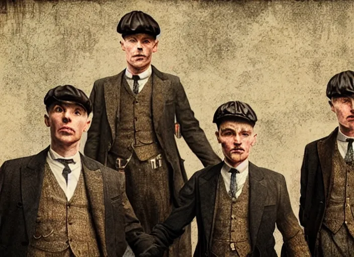 Image similar to peaky blinders crew made out of shrimp, poster, matte painting, 3 - d highly detailed, in the style of mark ryden,