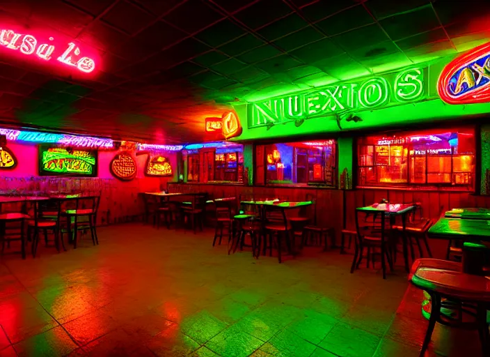 Image similar to photo of a mexican restaurant, neon lights, in a flat snowy field. 35mm. Very detailed 8k. Sharp. Cinematic post-processing. Unreal engine. Nanite. Ray tracing. Parallax. Tessellation