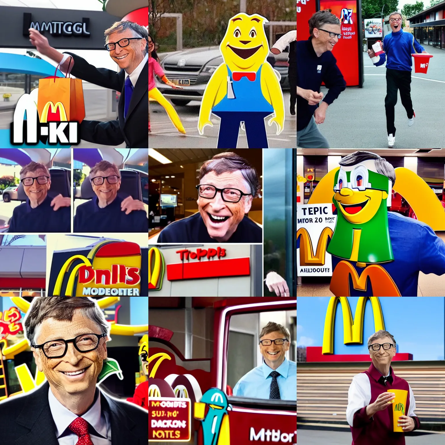Prompt: Bill Gates running out of McDonalds with a Happy Meal knocking over a tik tokker doing dance moves