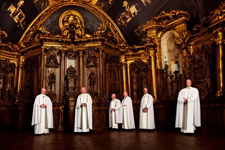 Image similar to photography of circle group of priests in front of a hell portal invoking a lovecraft creature in a baroque intricate church, photography by annie leibovitz, wide - angle portrait, atmospheric lighting, rich deep colors masterpiece, fractal crystals