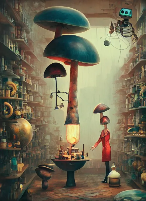 Image similar to a lively and whimsical dark apothecary, cinematic framing, where chrome robots shop grows from the stalk of a giant mushroom, cgsociety, siggraph, dystopian scifi, concept art, set design, oleg oprisco, conrad roset, anka zhuravleva, gediminas pranckevicius