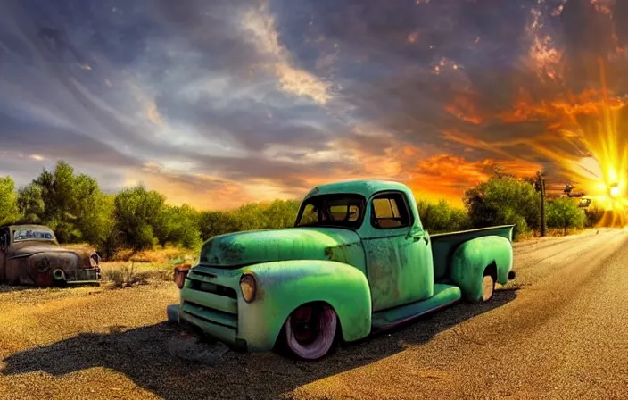 Prompt: A beautiful colorful evening scene of route66, old road with abandoned gas station and rusty old pickup truck, hyper realistic, blinding backlight evening sun, sparkling sun rays, epic scene, intense setting, evening vibe