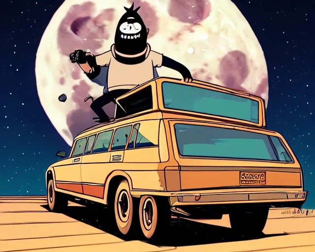 Image similar to a study of cell shaded cartoon big fat limousine, in front of a big moon, illustration, wide shot, muted colors, post grunge, concept art by josan gonzales and wlop, david rubin, mike mignola, laurie greasley, highly detailed, sharp focus, trending on artstation, hq, deviantart, art by artgem