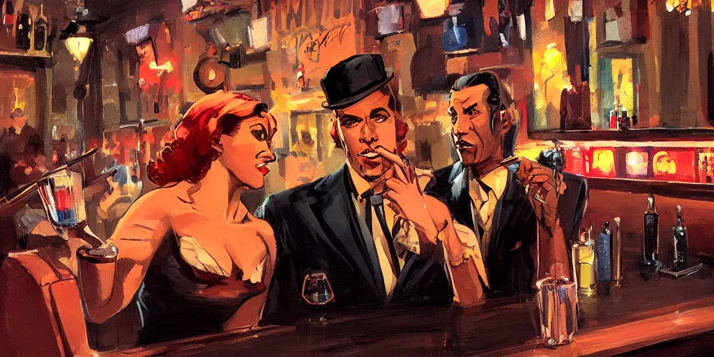 Image similar to a man wearing a tie is having a drink with a femme fatale at the bar of a 4 0 s jazz club, warm color palette, night time, dramatic lighting, noir film, character sheet, fine details, high contrast, blacksad, kim jung gi, greg rutkowski, trending on artstation, 8 k, front view, back view, ultra wide angle