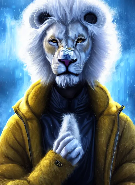 Image similar to aesthetic portrait commission of a of a male fully furry muscular anthro albino lion with a tail and a beautiful attractive hyperdetailed face wearing stylish and creative wearing yellow-black padded hooded puffer jacket outfit in a sci-fi dystopian city at golden hour while it storms in the background with bright police sirens lighting up the subject. Character design by charlie bowater, ross tran, artgerm, and makoto shinkai, detailed, inked, western comic book art, 2021 award winning film poster painting