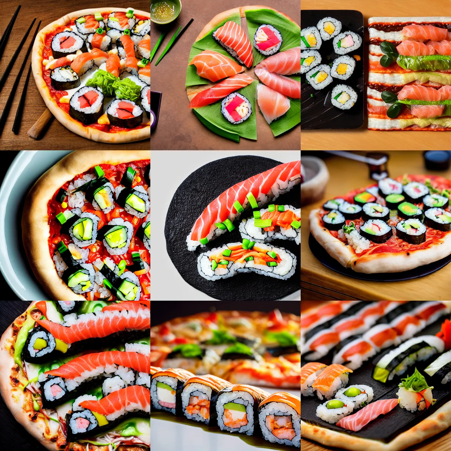 Prompt: sushi on a pizza, professional food photography
