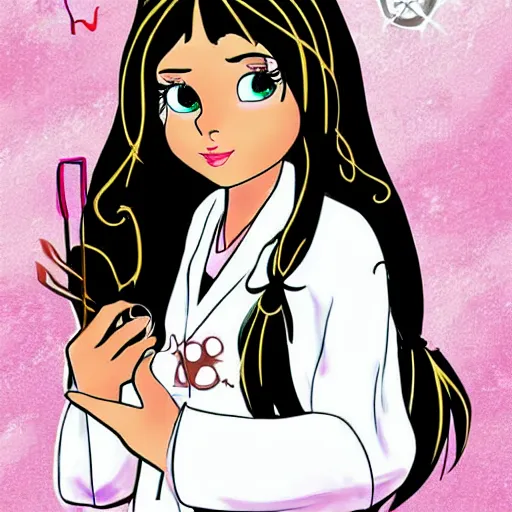 Prompt: stern looking beautiful girl in a labcoat, casting a magic spell, disney style, digital art,