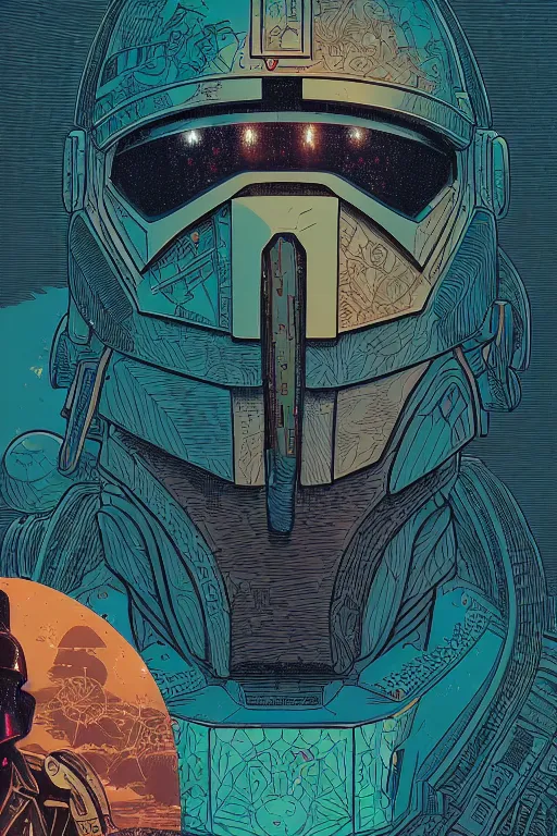 Image similar to closeup potrait of the mandalorian, intricate, volumetric lighting, moebius, geof darrow, frank miller, dan mumford, detailed illustration, digital art, victo ngai, kilian eng, vector art