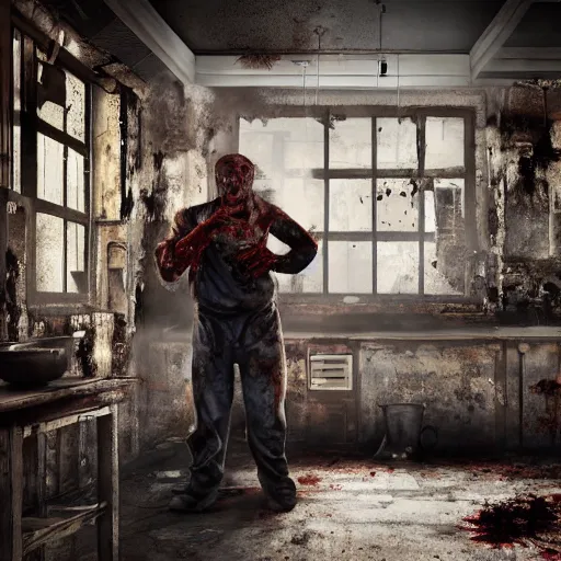 Image similar to kitchen - chef angry rotting zombie, detailled portrait, dilapidated restaurant interior, feeling of grimdark horror, daytime, high contrast, ultra intricate detailed, octane render, unreal engine