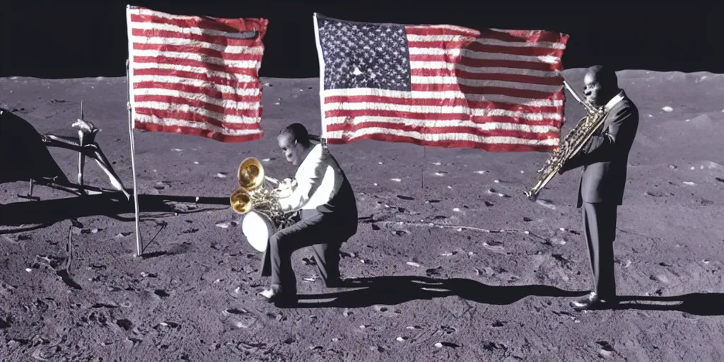 Prompt: louis armstrong playing a trumpet on the moon with american flags, space background, photo