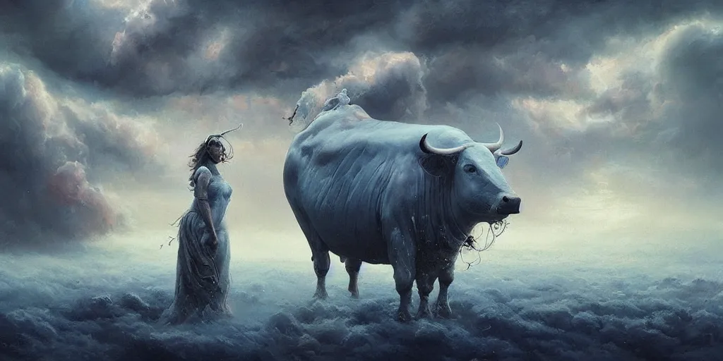 Image similar to sacred cow, ceremonial clouds, dripping paint, fibonacci rhythm, artstation, art germ, wlop, karol bak, christopher balaskas, ross tran