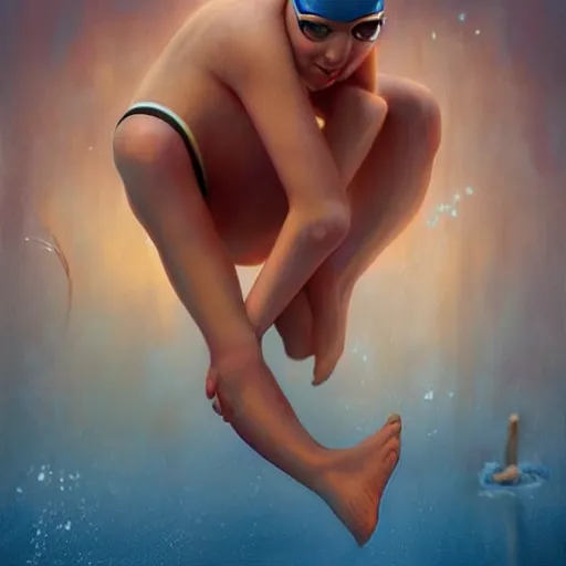 Image similar to a swimmer in Pixar style by Stanley Artgerm and Tom Bagshaw