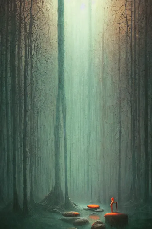 Image similar to surreal forest, 8 0 s art deco, rain like a dream, oil painting, dreamlike, psychedelic, otherworldly, weird, cyberpunk, vaporware, interesting details, volumetric lighting, dramatic, fantasy, by moebius, by zdzisław beksinski, artgerm, fantasy lut, epic composition, 8 k,