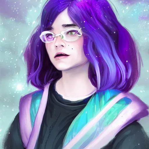 Image similar to a nonbinary changeling wearing a starry cloak, purple vest, white sleeves, aurora colored hair, starry eyes, curious expression, watching people on the street, character art, full body art, Dungeons and Dragons, D&D, trending on artstation, artgerm, 4k ultra hd, sharp focus, digital art by Ilya Kuvshinov and Ross Tran,