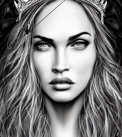 Image similar to portrait of megan fox as beautiful aphrodite goddess as an archer, arrow crown, beautiful piercing eyes, flowing blonde hair, realistic face, black and white drawing, in the style of greg rutkowski, fantasy, amazing detail, epic, intricate, elegant, smooth, sharp focus