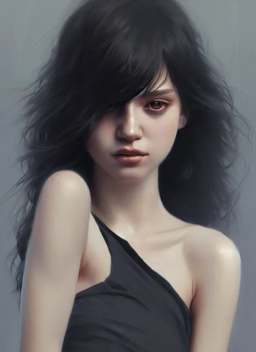 Image similar to ultradetailed beautiful painting of a stylish young lady wearing a short top, dramatic, she has black long hair, distressed, volumetric light, full body portrait by greg rutkowski, ilya kuvshinov, james jean, makoto shinkai, on artstation