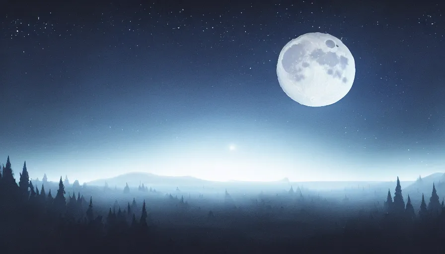 Image similar to a beautiful landscape at night, big moon on the right, stars in the sky, matte painting, dark blue tones, high contrast, intricate details, concept art, 4 k