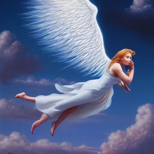 Image similar to realistic painting of a magical angel flying in the sky by michael whelan, ultra realistic, 8 k, trending on artstation, octane renderer, mesmerizing, aesthetic, beautiful