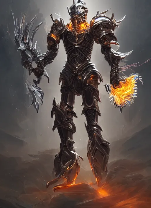 Image similar to a highly detailed illustration of cyber knight with flaming plume, with arm blades, with light cracks throughout armor, dramatic standing pose, intricate, elegant, highly detailed, centered, digital painting, artstation, concept art, smooth, sharp focus, league of legends concept art, WLOP