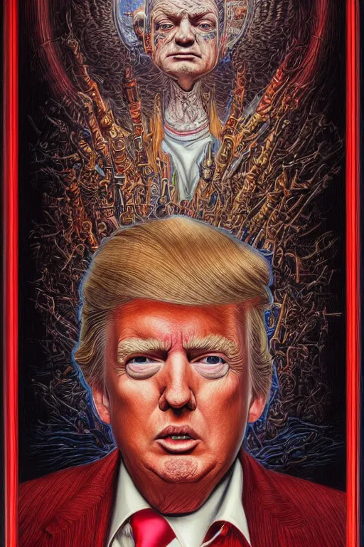 Prompt: highly detailed portrait of donald trump by alex grey, patrick woodroffe, mark ryden created by gustave dore and greg rutkowski, high detailed, smooth draw, synthwave neon retro, intricate, realistic proportions, dramatic lighting, trending on artstation