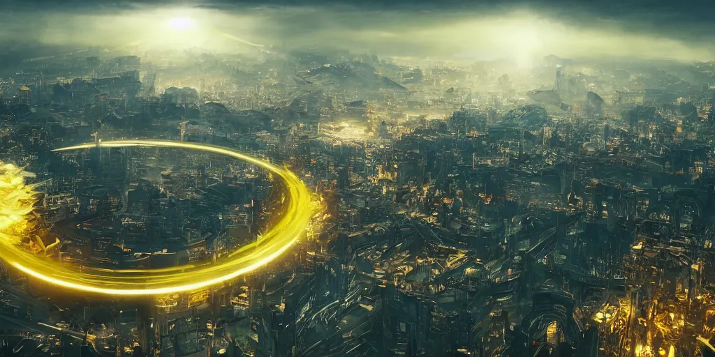 Prompt: a professional photographic view picture of a huge yellow neon ring above a land ,photographic filter unreal engine 5 realistic hyperdetailed 8k ultradetail cinematic concept art volumetric lighting, fantasy artwork, very beautiful scenery, very realistic painting effect, hd, hdr, cinematic 4k wallpaper, 8k, ultra detailed, high resolution, artstation trending on artstation in the style of Albert Dros glowing rich colors powerful imagery nasa footage drone footage drone photography