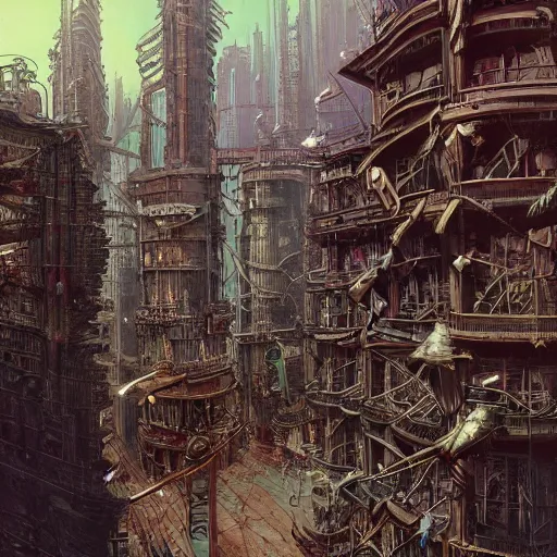 Prompt: A steampunk city, art by James Jean and Wayne Barlowe