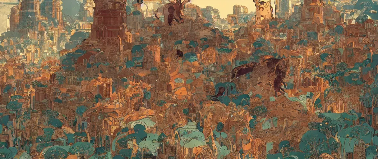 Prompt: A beautiful illustration of a civilization of anthropomorphic Feline warriors by Victo Ngai | Graphic Novel, Visual Novel, Colored Pencil, Comic Book:.3 | unreal engine:.5 | establishing shot