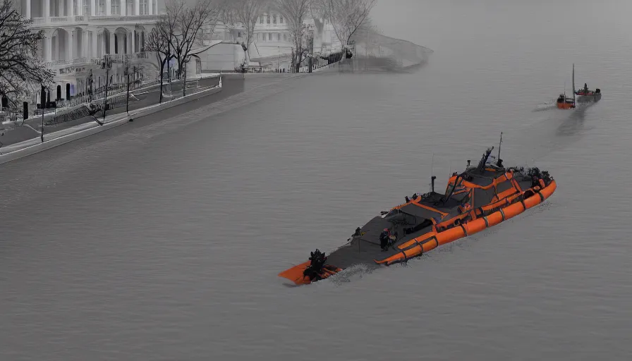 Image similar to lifeboat crossing washington dc streets after humongous tsunami, drowned white house, hyperdetailed, artstation, cgsociety, 8 k