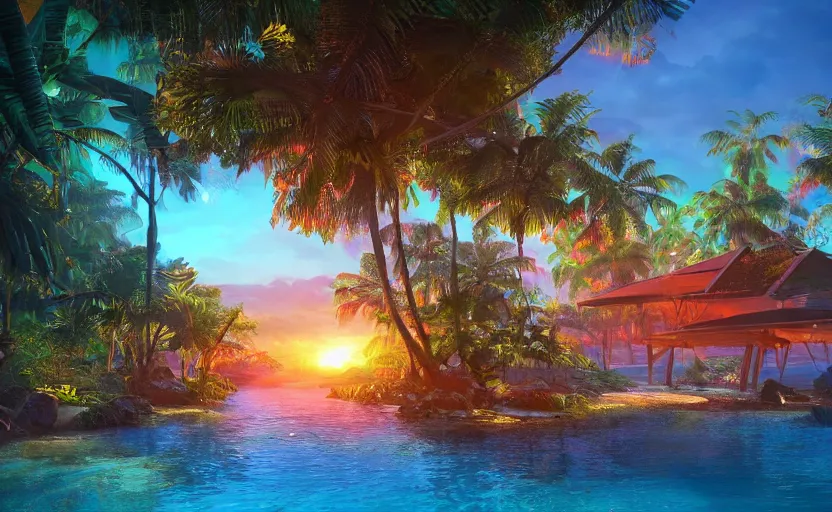 Image similar to a tropical resort in a jungle paradise, with a beautiful red and blue sunset, dynamic lighting, photorealistic fantasy concept art, trending on art station, stunning visuals, creative, cinematic, ultra detailed, ray tracing, sun rays