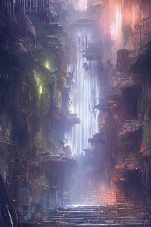 Image similar to inside the antique street of atlantis the city of water, waterfall, intricate, elegant, volumetric lighting, digital painting, highly detailed, artstation, sharp focus, illustration, concept art, ruan jia, steve mccurry