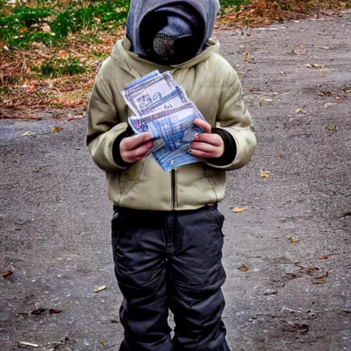 Prompt: A stunning beautiful full body photograph of kid in a ski mask holding two full bags of cash, from Time magazine, award winning, taken with Sony alpha 9, sigma art lens, full body shot