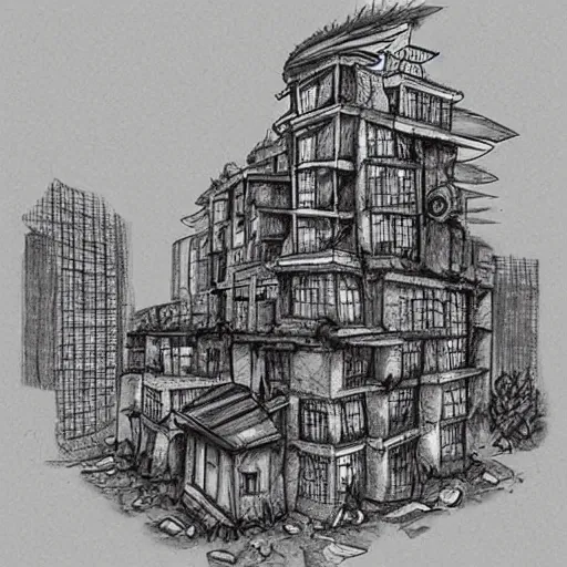 Image similar to a world fallen by disease, cities completely wasted away, nature taken over and grow over buildings, high quality sketch art