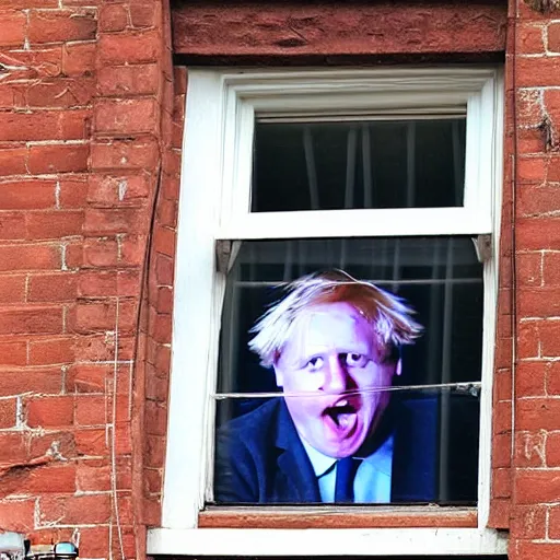 Image similar to a photo taken from the inside of an old house, showing window blinds being pulled back to reveal a terrifying boris johnson with his unhinged face pressed against the window, boris ’ hand placed on the window, horrifying grin. horror, raining, night time