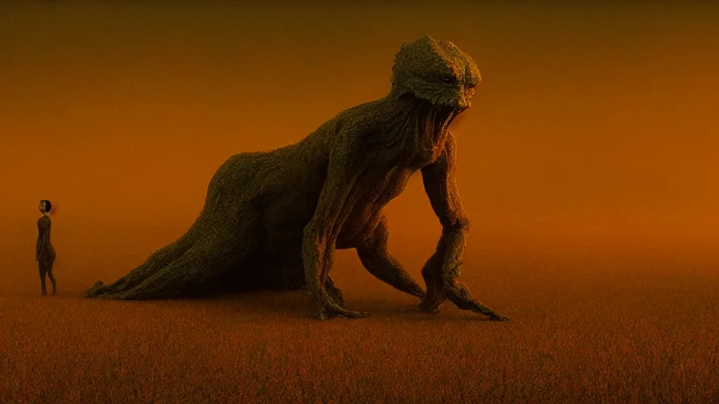 Image similar to a weird creature often, film still from the movie directed by Denis Villeneuve with art direction by Zdzisław Beksiński, golden hour