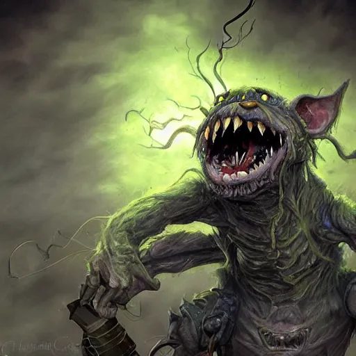 Image similar to a highly detailed goblin with grey skin and blue eyes that glow, like magic the gathering, goblin chainwalker, caught in a tornado, digital art, by christopher rush