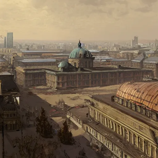 Image similar to panorama view of giant volkshalle building, berlin 1 9 4 5, matte painting by greg rutkowski, artstation