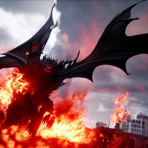 Prompt: a black dragon with red eyes, and flaming fire out his mouth, flying through the sky, above new york city. Unreal Engine, Cinematic, 8K hyperrealistic, live-action.