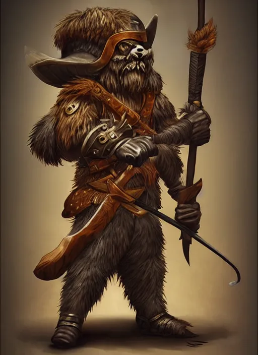 Prompt: bugbear ranger holding a fire sword, exquisite details, black beard, white background, by studio muti