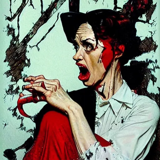 Prompt: style of Norman Rockwell and Rafael Albuquerque comic book art:: female ghost with white dress:: ghastly full face woman, scary horrible witch look on face, screaming angry:: extremely long nails, red:: floating over a lake:: night time, dark, full moon::2 scary terrifying horror::