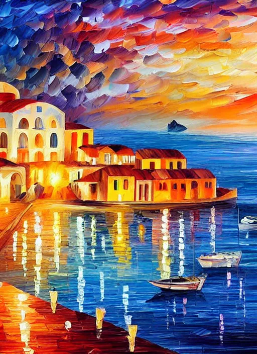 Image similar to beautiful seaside greek village and boats at sunset in the style of leonid afremov