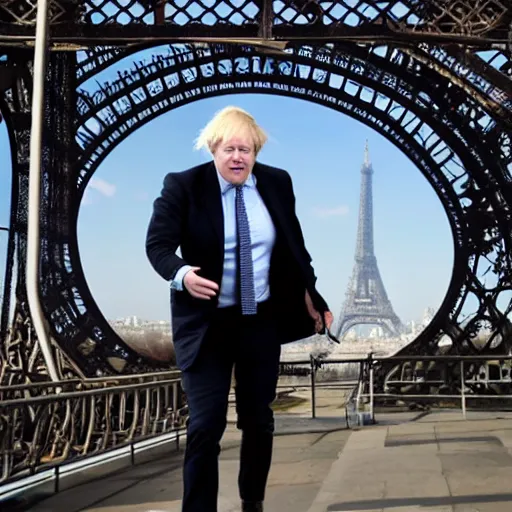 Prompt: Boris Johnson climbing the Eiffel Tower